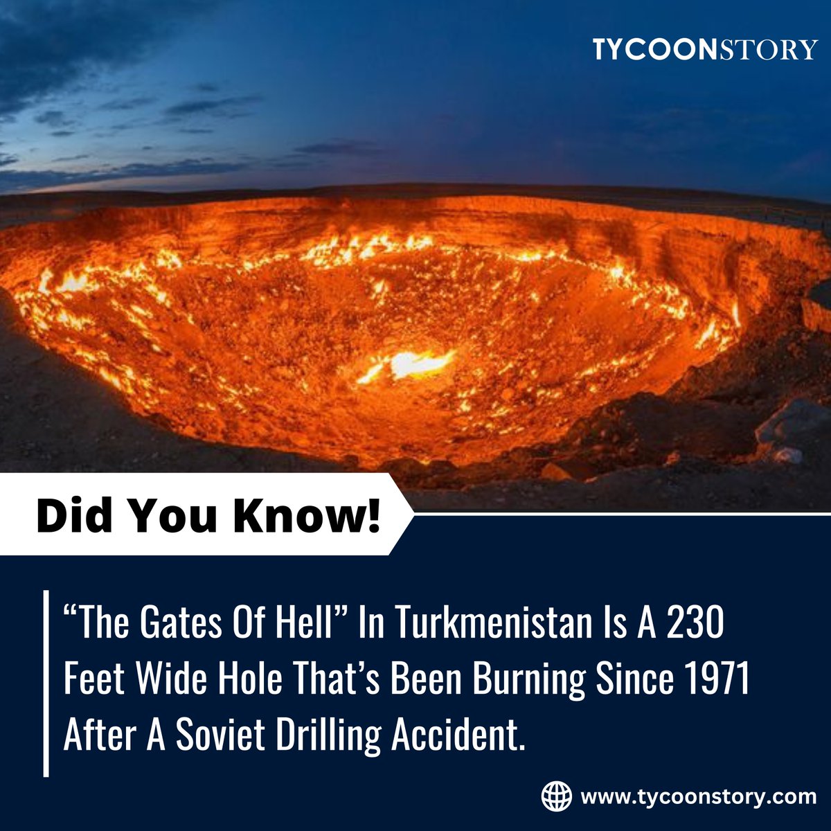 TycoonStoryCo's tweet photo. #DidYouKnow
#doortohell #turkmenistanairlines #drillingaccident #eternalflame #naturalphenomenon #geologicalwonders #turkmenistan #historicalaccident #infernosite #flamingcrater #EarthFriendly #Inextinguishable #FascinatingFacts #geologicalanomaly https://t.co/UVmDm2fT9G