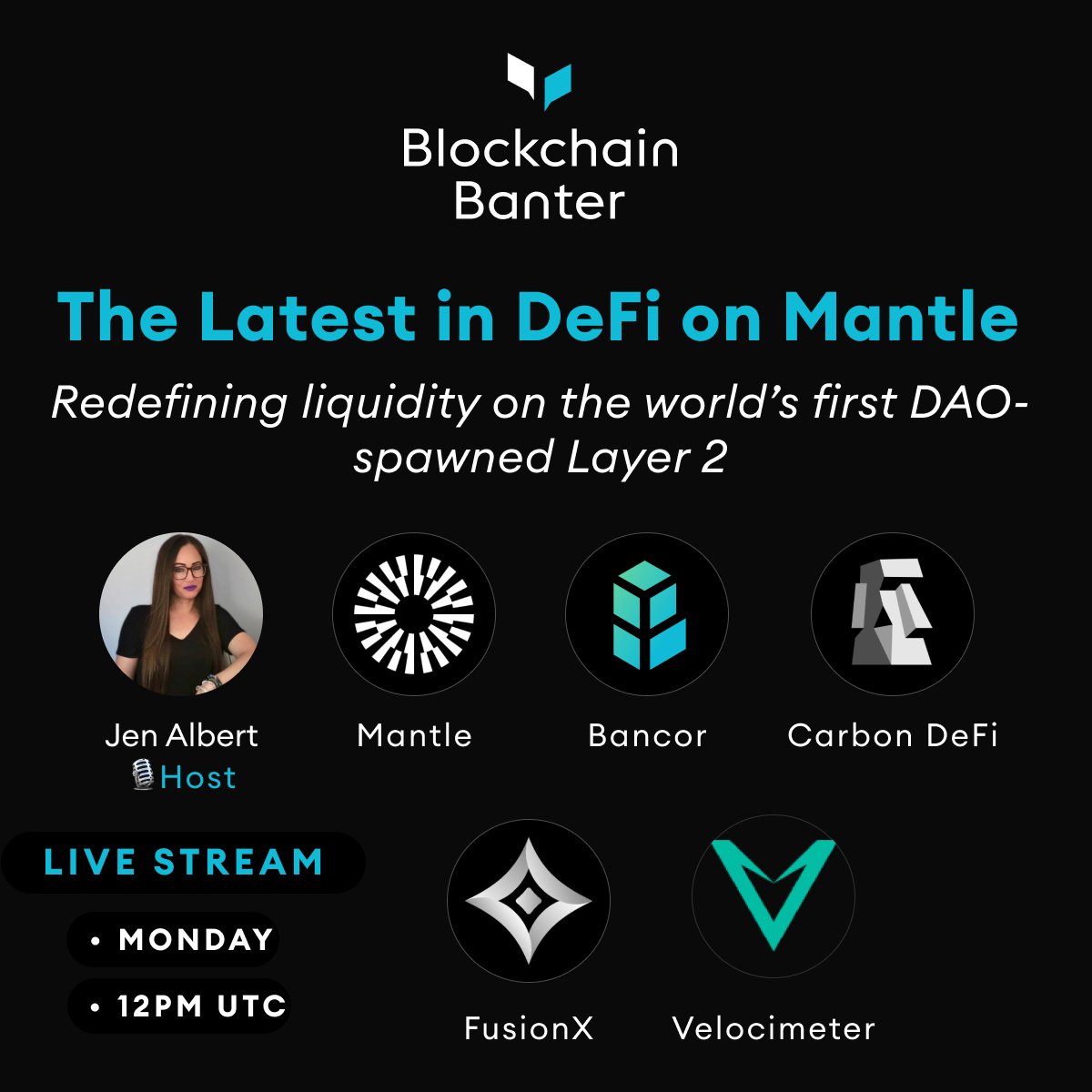 Don't miss the latest in DeFi on Mantle, Monday May 6th on Blockchain Banter!! 🎯 Streaming LIVE with special guests: @0xMantle • @Bancor • @CarbonDeFixyz • @FusionX_Finance • @VelocimeterDEX
