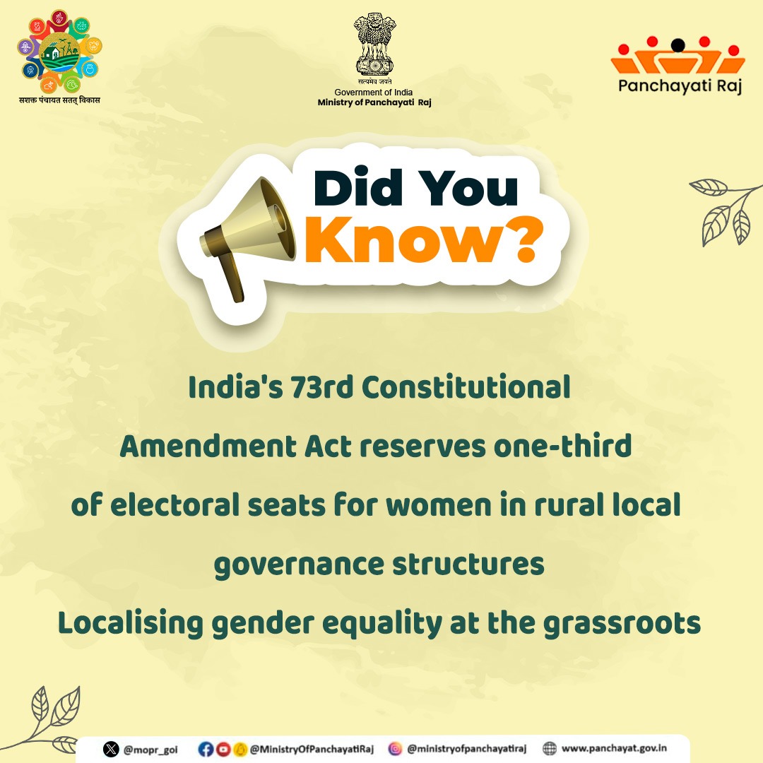 India's 73rd Constitutional Amendment Act reserves one-third of electoral seats for women in rural local governance structures, localizing gender equality at the grassroots level!

#GenderEquality #LocalGovernance #GramToGlobal #CPD57 #LSDGs