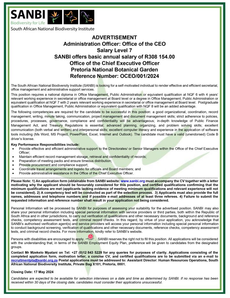 SANBI

Administrator Officer: Office of the CEO