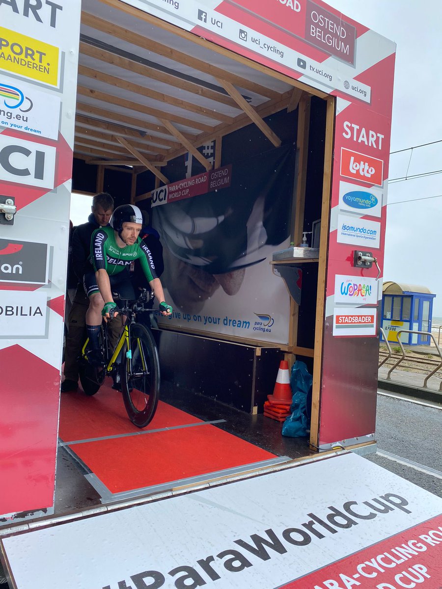 Racing is underway in Ostend, Belgium for the Para-cycling World Cup following a delay due to weather this morning. 📸Chris Burns starting in the MC2 Time Trail. Good luck to all Irish riders racing today and over the weekend ☘️ @ParalympicsIRE @ParacyclingIRL