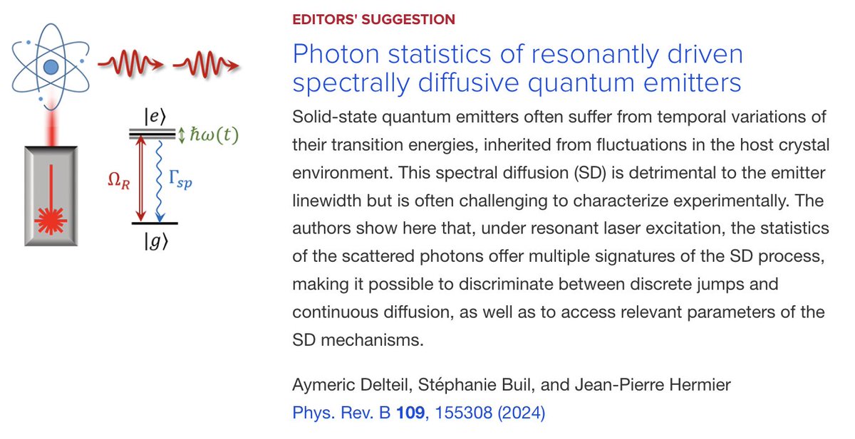 PRB Editors' Suggestion: #Photon statistics of resonantly driven spectrally diffusive #quantum emitters

A. Delteil, S. Buil, and J.-P. Hermier
Phys. Rev. B 109, 155308

➡️ go.aps.org/4bgzoTm
#EdSugg #physics #condmat @APSPhysics @GEMaC8635 @CNRS @UVSQ @UnivParisSaclay