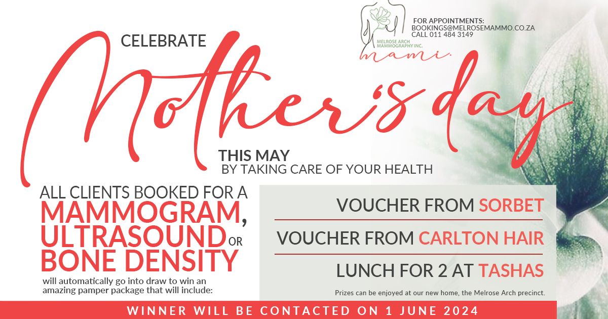 During May, Melrose Arch Mammography Inc. is running a special Mother's Day promotion. Patients who book appointments have a chance to win a hamper of treats to enjoy in the Melrose Arch area. Email bookings@melrosemammo.co.za #OnlyatMelroseArch #BreastCancerAwareness