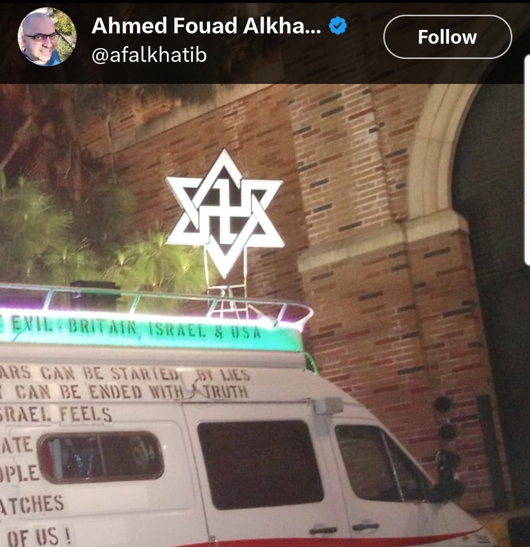 UCLA, the main entryway into the campus, a truck with a rotating antisemitic symbol on the roof with swastika. A deep visitor view of the student protest. Sad and disturbing. America 2024. #NeverAgainIsNow #Antisemitism