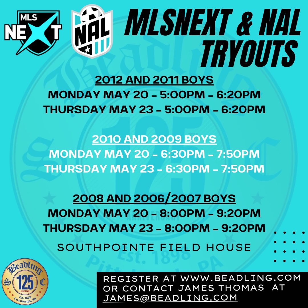 24/25 MLSNEXT & NAL tryout schedule is here! You can register for tryouts at Beadling.com. We look forward to seeing you there! #WearTheB