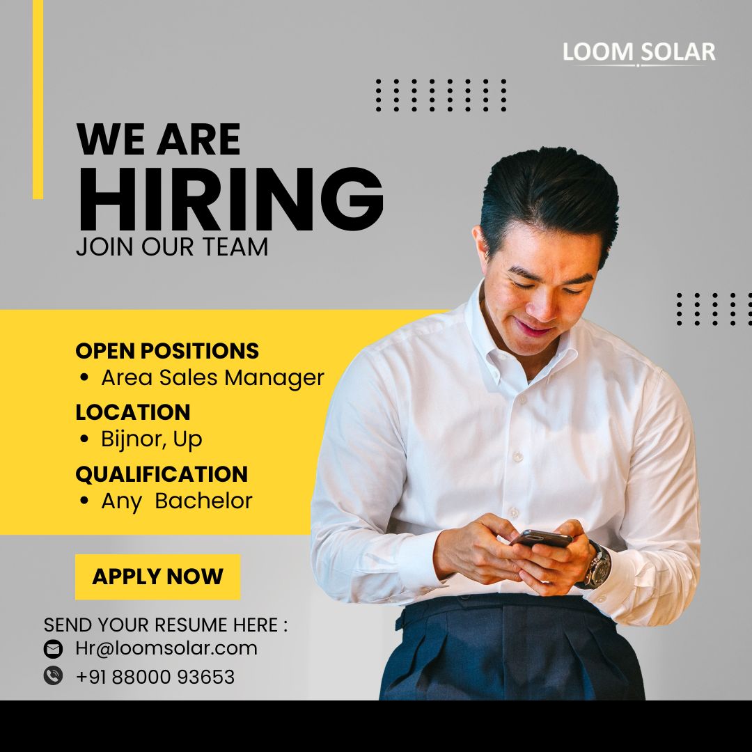Join Our Amazing Team! As an Area Sales Manager at location Bijnor, UP. Any graduate can apply for this post. How to apply: Interested professionals can send their updated CVs to Hr@loomsolar.com at +91-8800093653.
.
.
#HiringNow #jobs #search #hire #hiring #successtip