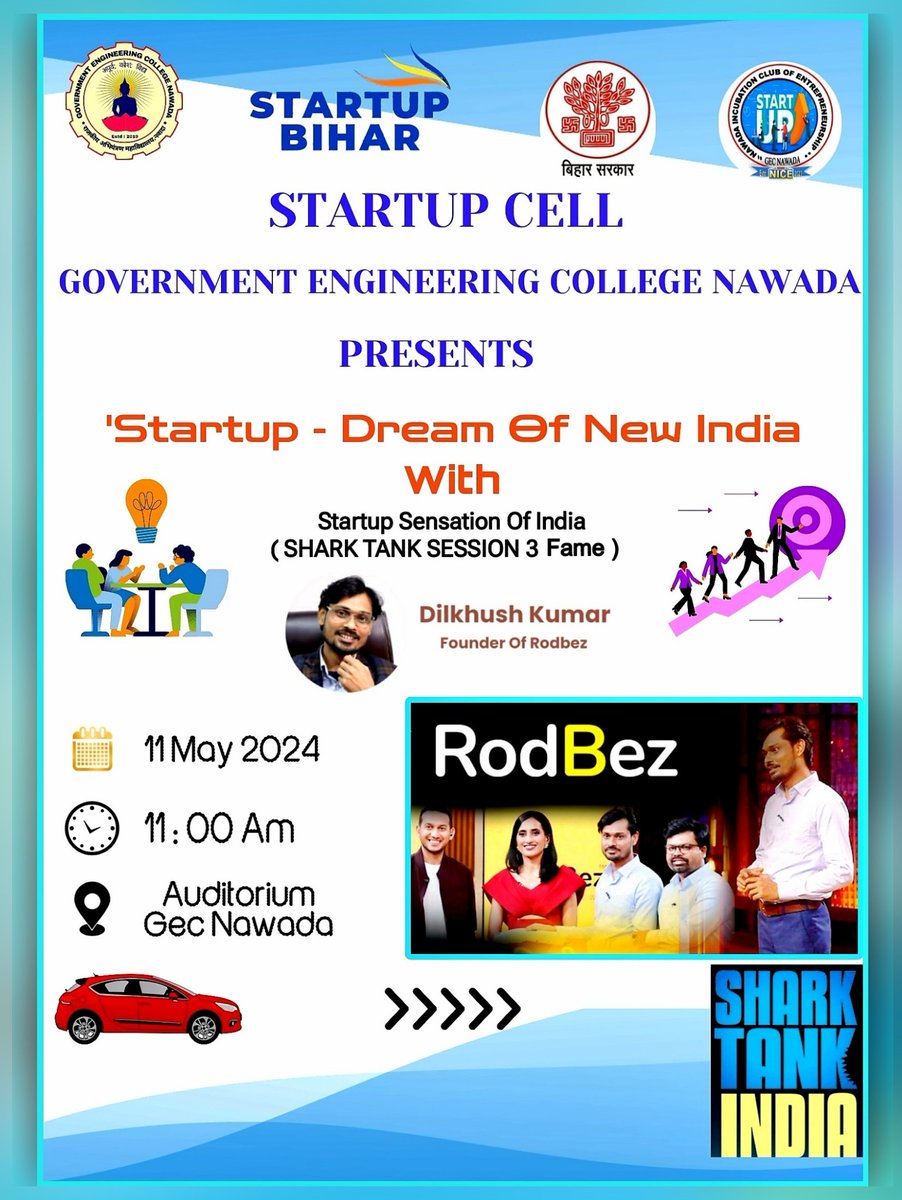 Government Engineering College Nawada welcomes the founder of #rodbez @Dilkhush_Kumaar in #gec nawada in startup awareness programme going to be held on  11th of May 2024.....✨

#startupgecn #startupbihar #rodbez #dilkhushkumar #startupindia #startupbusiness #sharktankindia