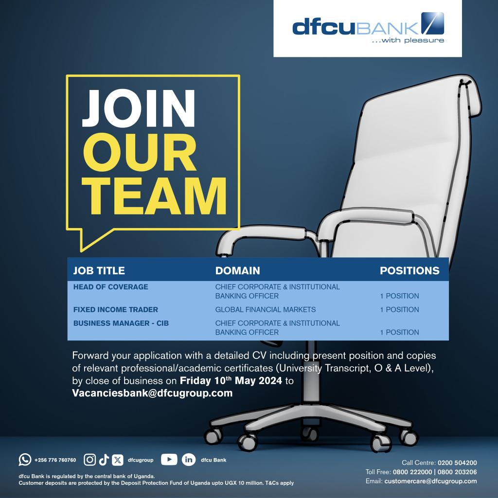 JOB OPPORTUNITY 📢 

@dfcugroup is currently seeking candidates to join our team and fill up the vacancies below. Details:dfcugroup.com/careers/

#jobclinicug #jobsinuganda #ApplyNow #hiring #jobseekers #careers