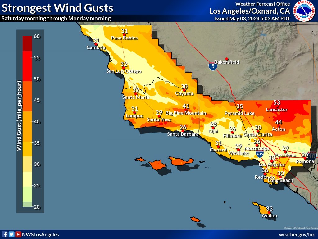 Gusty winds will accompany the cold front this weekend. Here is latest wind gust forecast for Saturday morning through Monday morning. #CAwx #LAwind