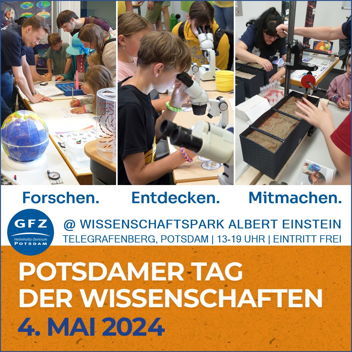 EN👇|📢Morgen ist es soweit: Der Potsdamer Tag der Wissenschaften #PTDW2024 startet um 13 Uhr auf dem Telegrafenberg mit einem bunten Programm aus allen Bereichen der Forschung
🔎Kommt mit Neugier & Euren Fragen!
27 GFZ-Stationen, 150 insgesamt
Inkl🍲&🍹
👉gfz-potsdam.de/presse/meldung…