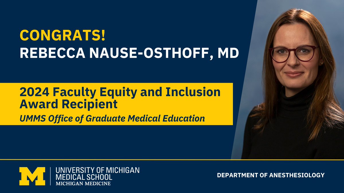 Michigan Anesthesiology (@umichanesthesia) on Twitter photo Our Rebecca Nause-Osthoff, MD, is this year's recipient of the <a href="/UMichMedSchool/">University of Michigan Medical School</a> Office of Graduate Medical Education Faculty Equity & Inclusion Award for her work to create inclusive & accessible spaces for all learners.
Congrats, <a href="/beccacno/">Becca Nause-Osthoff, MD</a>! 🎉🎉
michmed.org/z4xvR Our Rebecca Nause-Osthoff, MD, is this year's recipient of the <a href="/UMichMedSchool/">University of Michigan Medical School</a> Office of Graduate Medical Education Faculty Equity & Inclusion Award for her work to create inclusive & accessible spaces for all learners.
Congrats, <a href="/beccacno/">Becca Nause-Osthoff, MD</a>! 🎉🎉
michmed.org/z4xvR