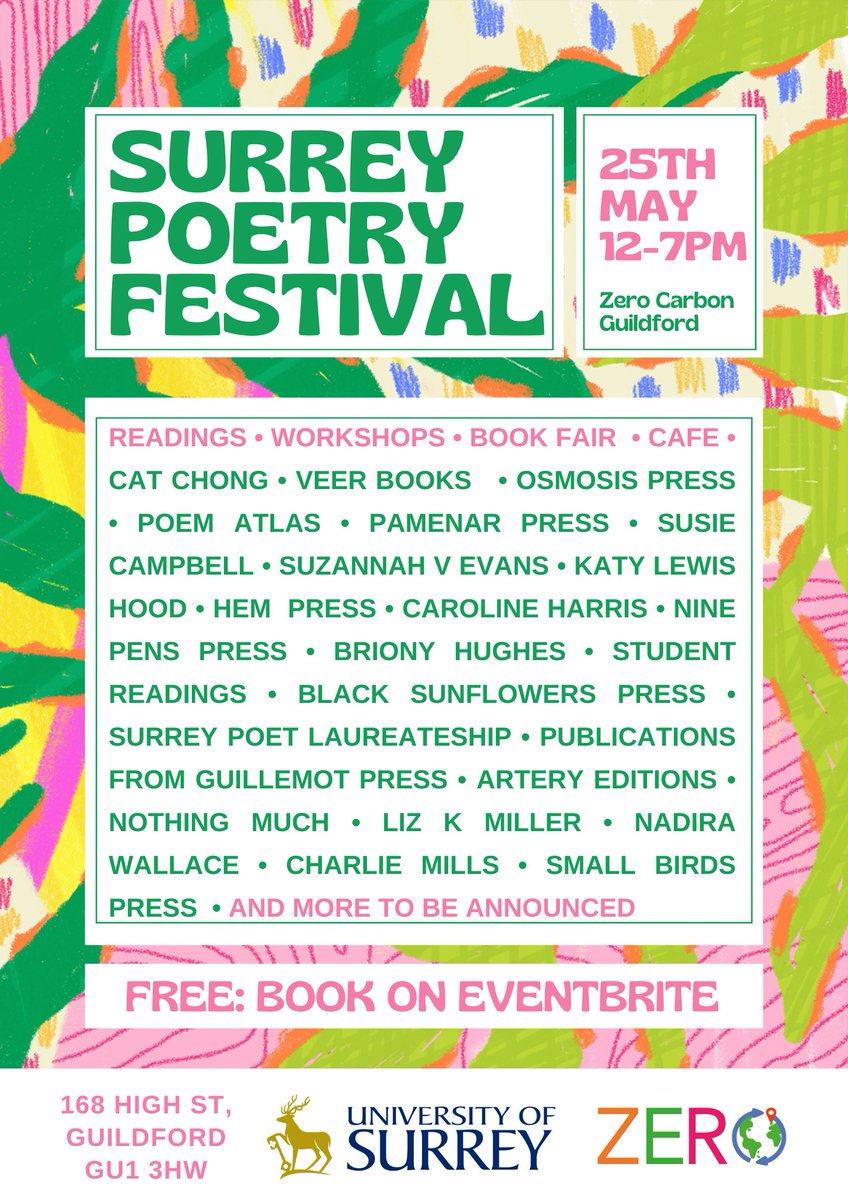 The second wave of the Surrey Poetry Festival lineup has just been announced! @pamenarpress will deliver a publisher talk on multilingualism and feminist publication, @NadiraWallace will be reading from their new @GuillemotPress pamphlet Sidekicks for Clouds - Booking link below!