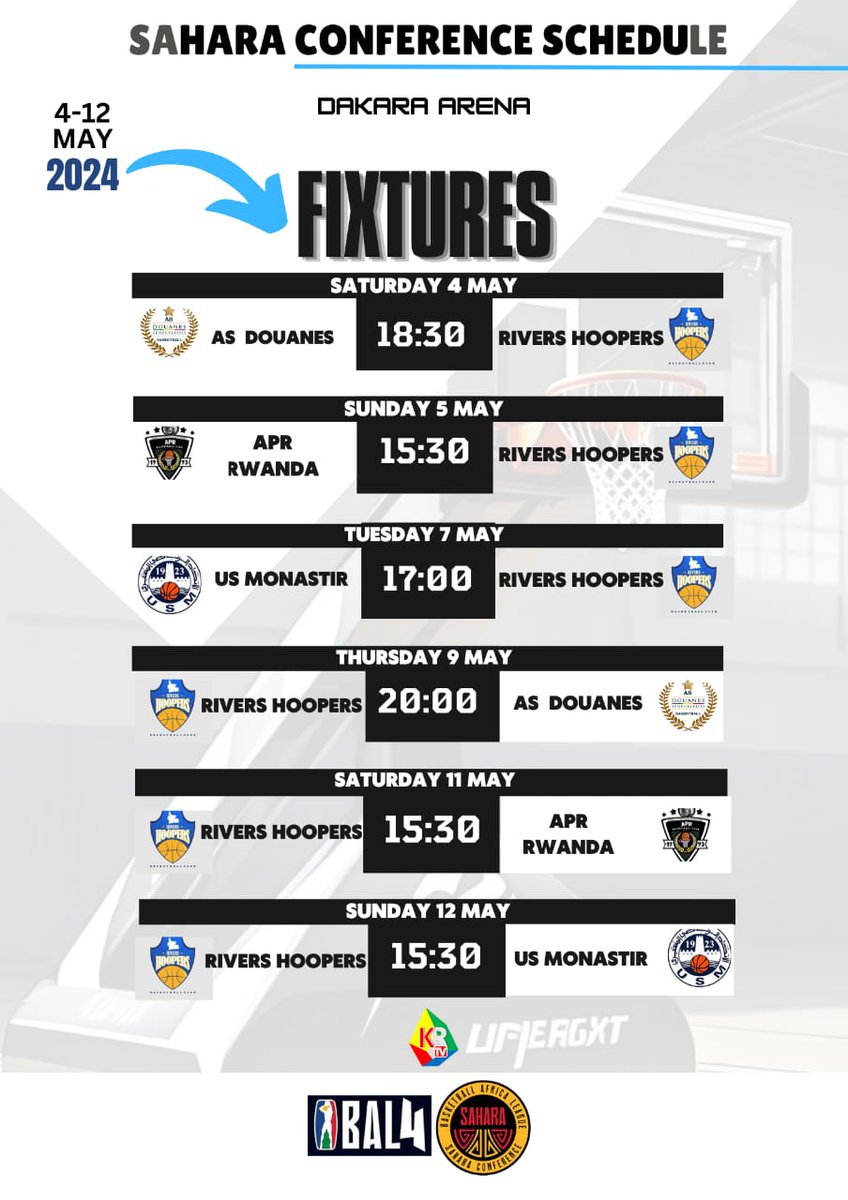 It's @theBAL season!!

Here are the fixtures for @RiversHoopers ahead of their Sahara Conference tip-off in Senegal...

Mark your calendars🗓️🤌🏾💙 for proper balling  of the KingsMen

#TheBAL 
#TheKingsMen 
#BAL4 
#HoopersNation