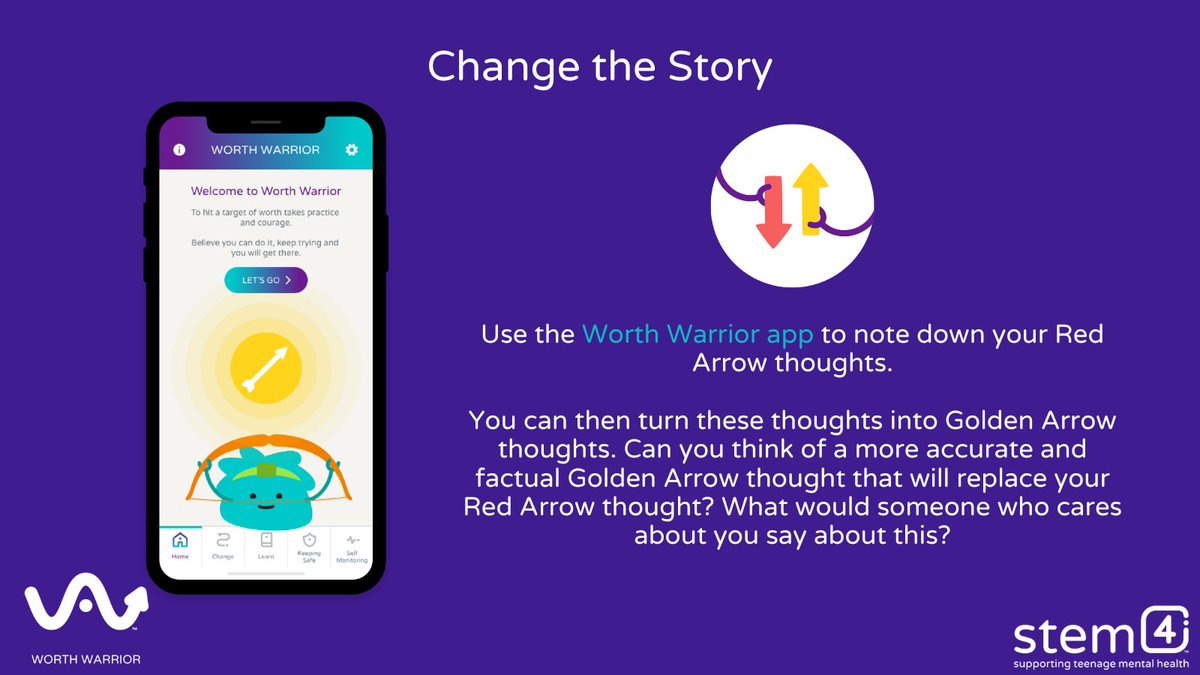 Using the Worth Warrior app you can create ‘Golden Thoughts’ which you can use to help manage difficult, or low self worth thoughts, feelings and actions. Change your story today worthwarrior.stem4.org.uk