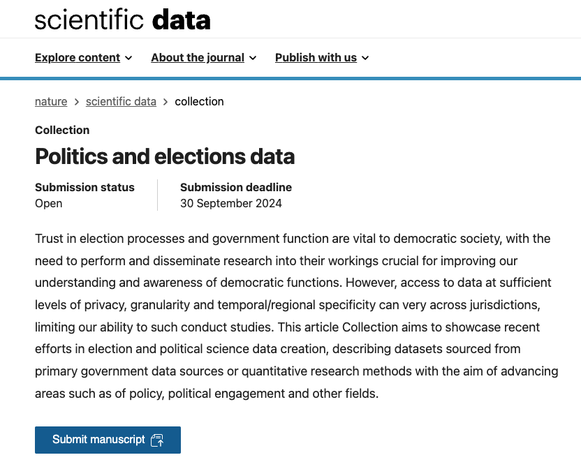 Calling all quantitative political scientists: @Nature @ScientificData is now accepting submissions for a special collection on political/elections 'dataset papers'. 1/5

nature.com/collections/ai…