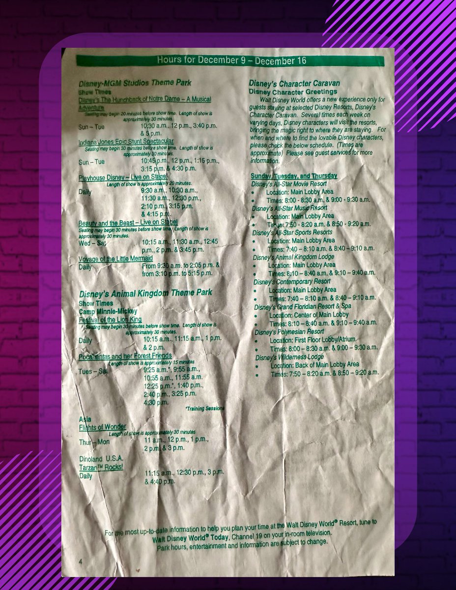 Found this crumbled up Times Guide from December 9-16, 2001, it truly was the golden era of WDW when the entertainment was worth the price of admission in all parks. @WaltDisneyWorld has lost its way. Hunchback Musical Stars and Motor Cars Parade Spectromagic Fantasy in the Sky…