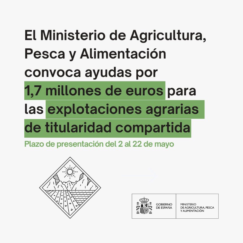 🟢 El @mapagob convoca ayudas a las explotaciones agrarias de titularidad compartida ⬆️ Compatibles con la bonificación en la cuota del cónyuge del titular de dicha explotación, que se incrementó en enero de 2023 y pasó del 30 % al 40 % 💰 Por 1,7 M€ ℹ️ mapa.gob.es/es/prensa/ulti…