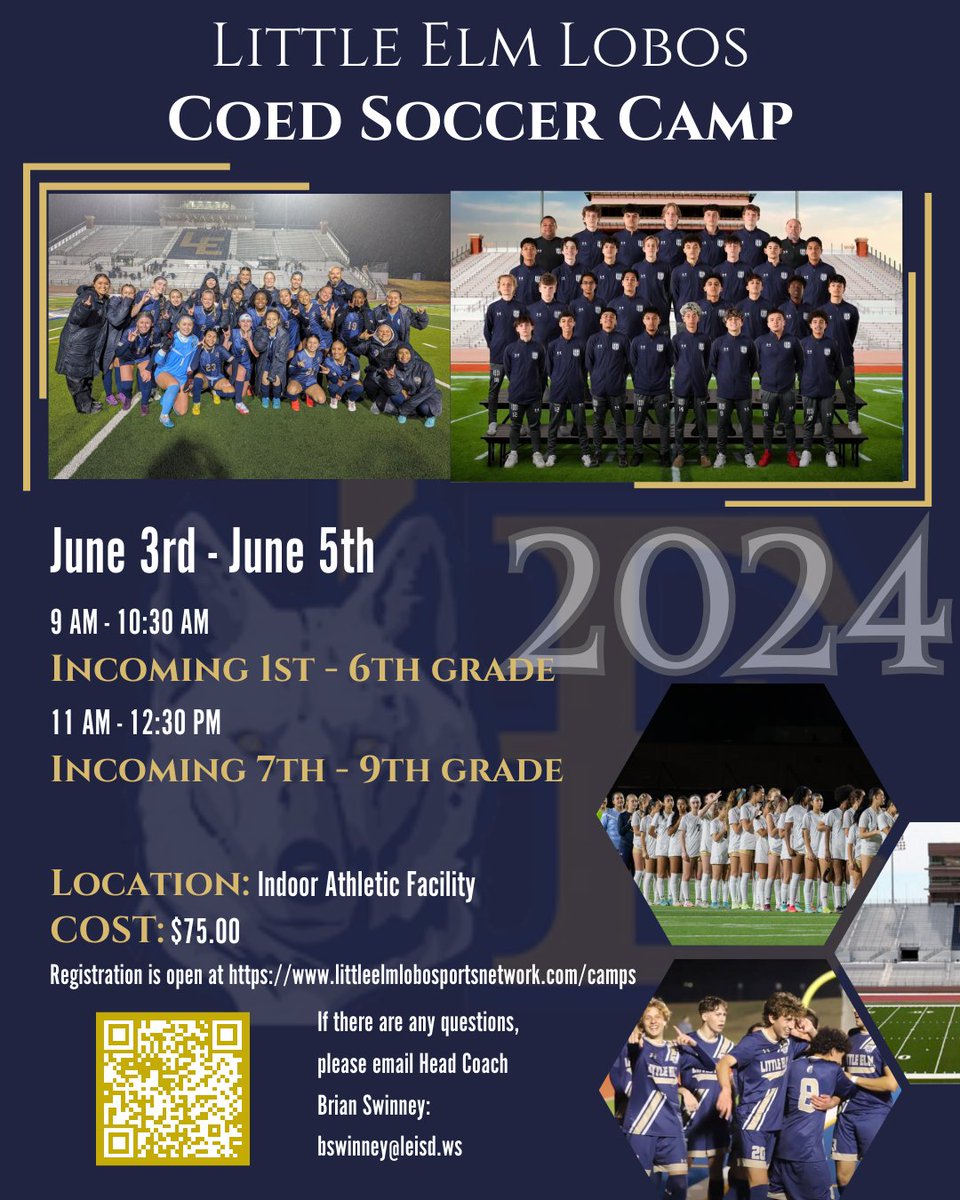 Come join the LEHS coaches and players for 3 days of soccer skills training and fun! littleelmlobosportsnetwork.com/camps @LEISDAthletics @LittleElmHS @leisd @STRIKEMSLOBOS @633athletics @LE_LoboSoccer @lelobosoccer