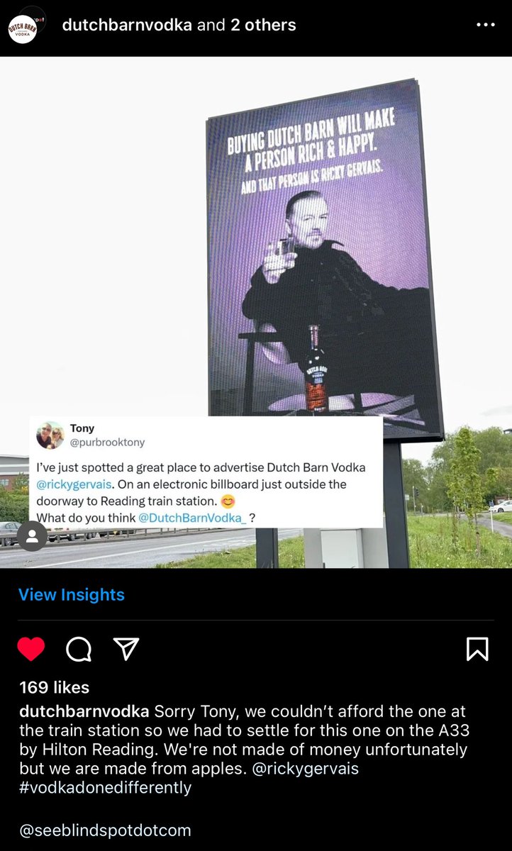 All this crazy entrepreneurship ride is worth it when you get to do crazy stuff like launching this hilarious billboard ad in Reading, UK, for @rickygervais and @DutchBarnVodka_ in less than 24 hours.