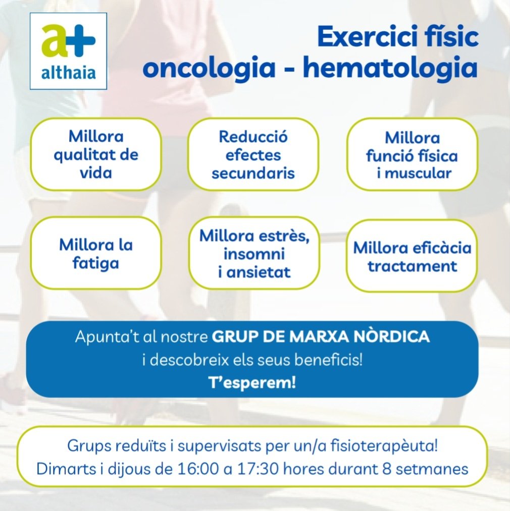 Els estudis demostren que fer exercici físic, abans, durant o després de rebre quimio i/o radioteràpia, té grans beneficis a nivell físic i emocional 💪🙌

Us presentem el grup de #marxanòrdica🚶‍♀️🏃‍♀️🚶‍♂️🏃‍♂️ a @althaiamanresa, amb supervisió de fisioteràpia!

Pregunta i informa't 📍