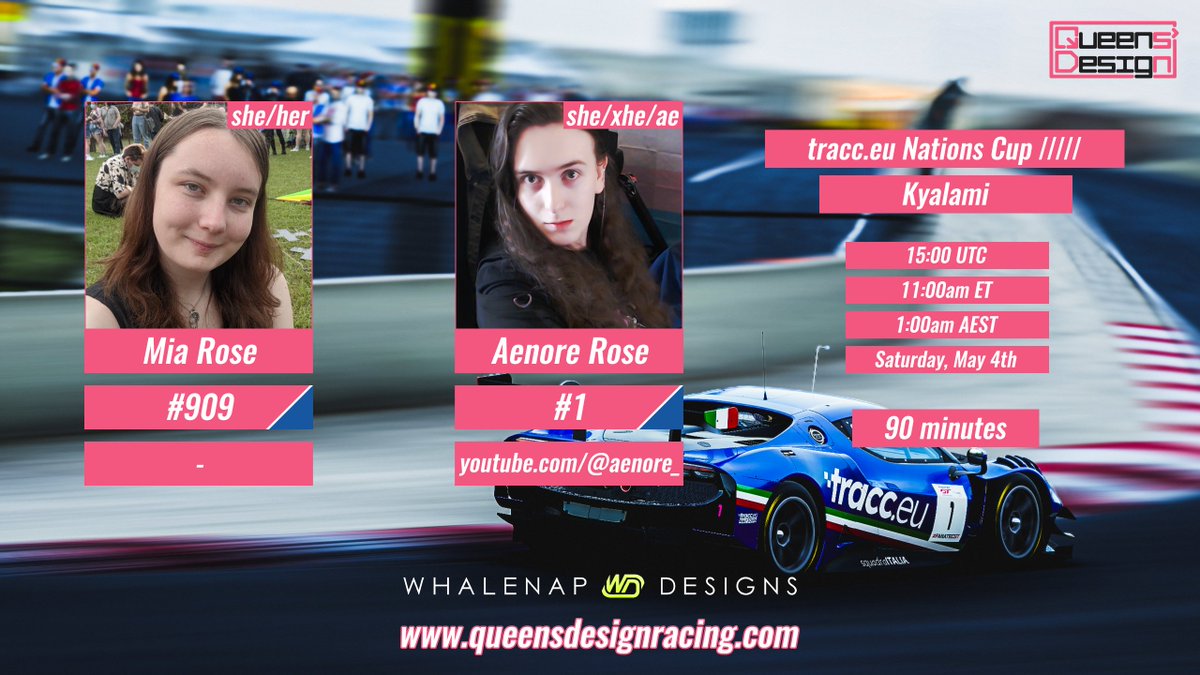 Tomorrow @OneRoseyMia and Aenore represent the fictional country of Italy with their pasta machines for the @tracc_SimRacing Nations Cup held at a sizzling hot Kyalami! 🥵 Stream POVs and official broadcast links below!