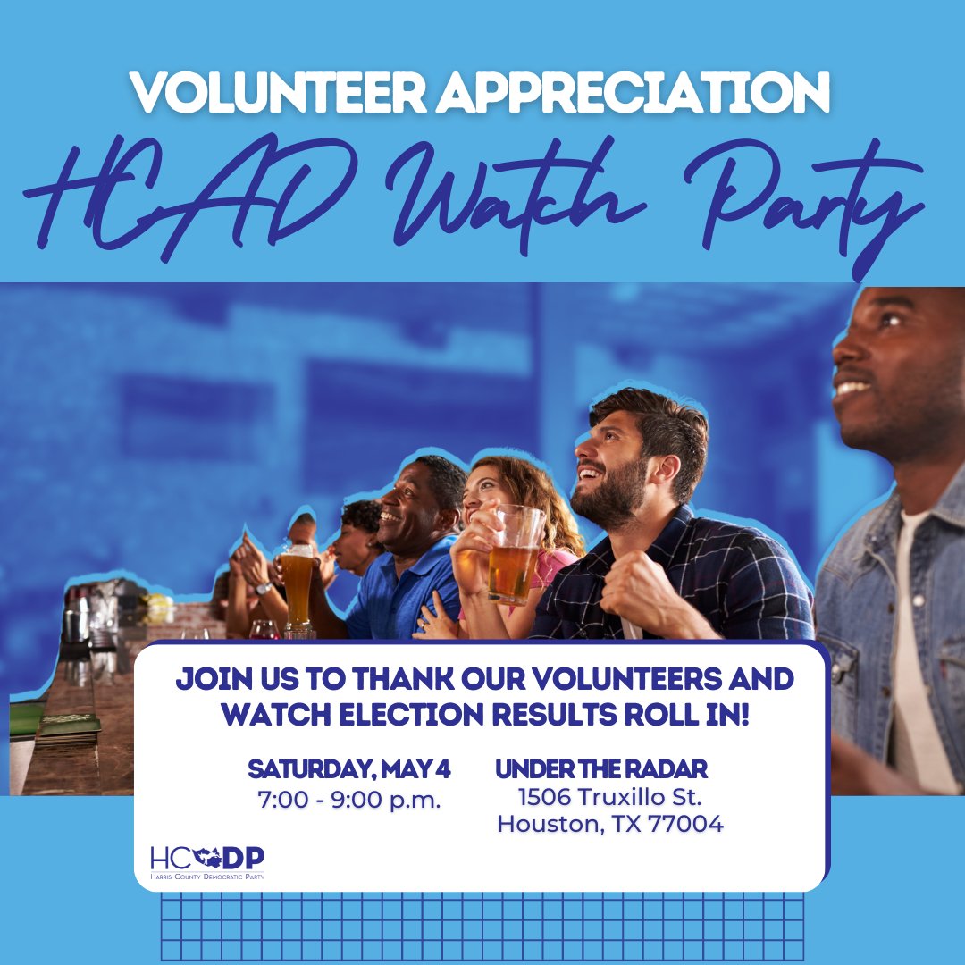 REMINDER: Join us tomorrow at Under the Radar to watch the #HCAD results roll in and celebrate our volunteers. Want to get involved but aren't sure how? This is a great opportunity to learn more. All are welcome! - #HarrisCountyHustle #vote #hisd #voteblue #turntexasblue