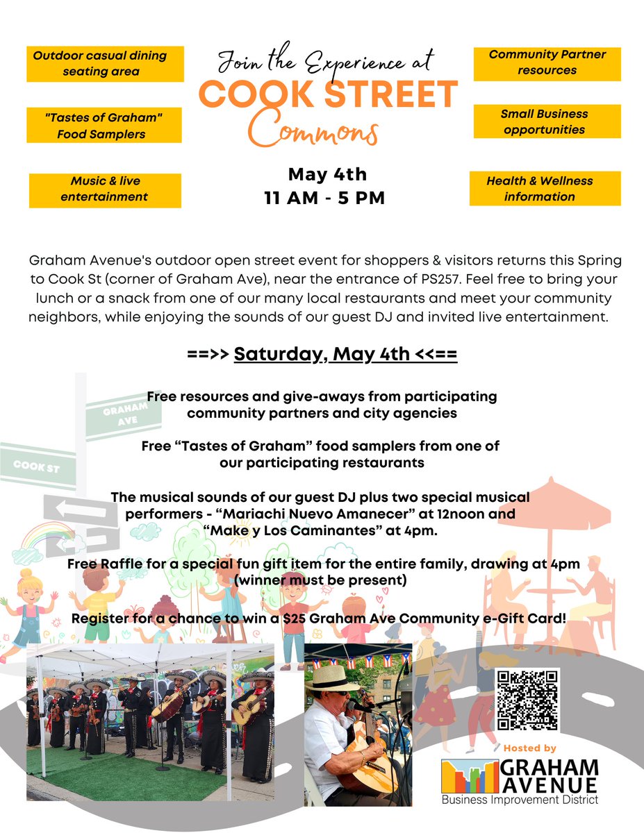 Graham Avenue BID's Cook Street Commons is back TOMORROW! Enjoy an outdoor casual dining and learning experience with live entertainment.🪩🎶🍕 ⏰ Saturday, May 4, 11 a.m.–5 p.m. #outdoordining #NorthBrooklyn @GrahamAveBID