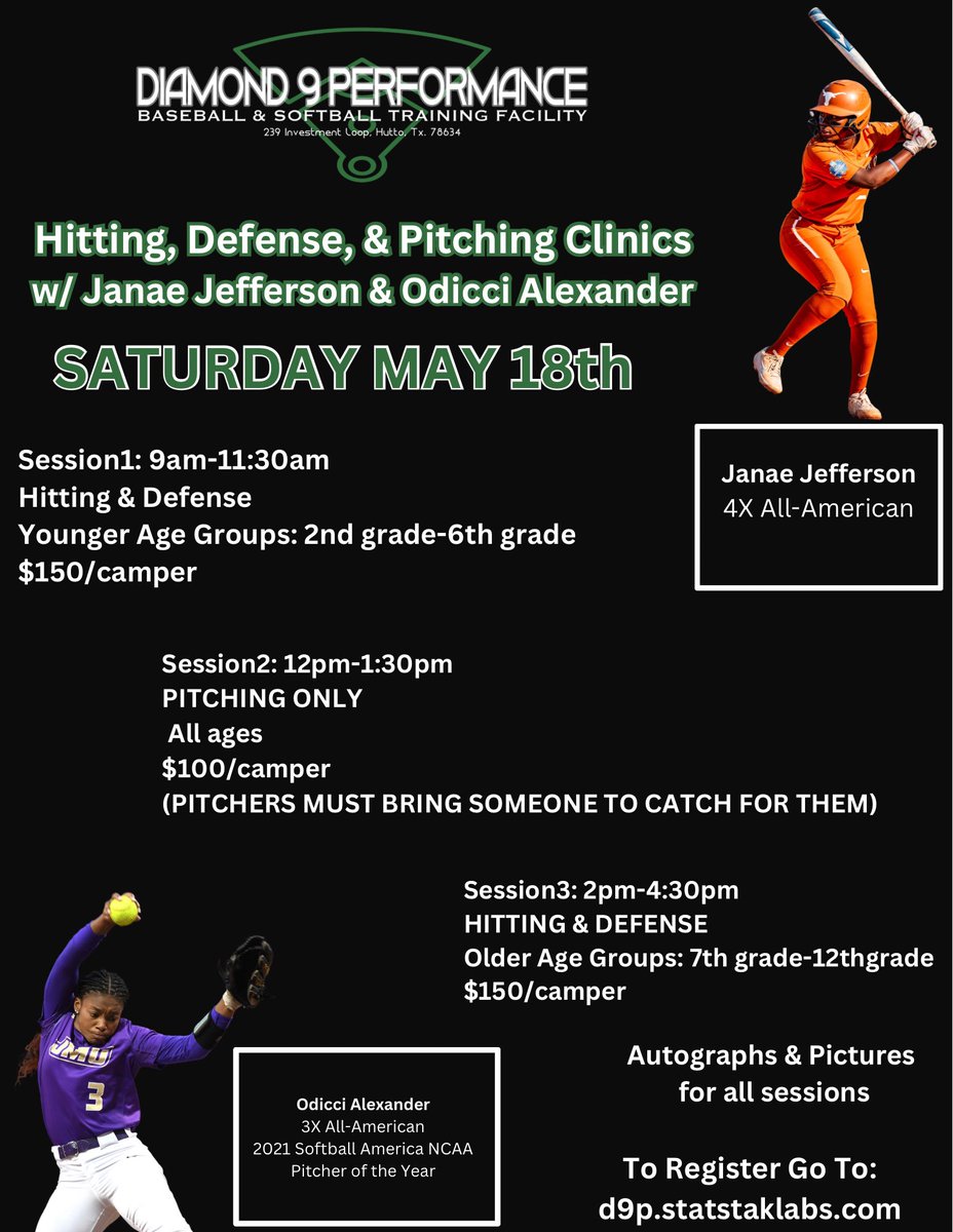 Don’t miss out on this opportunity to learn from two of the best college & pro softball players we’ve seen recently. @JanaeJefferson4 @2seas__