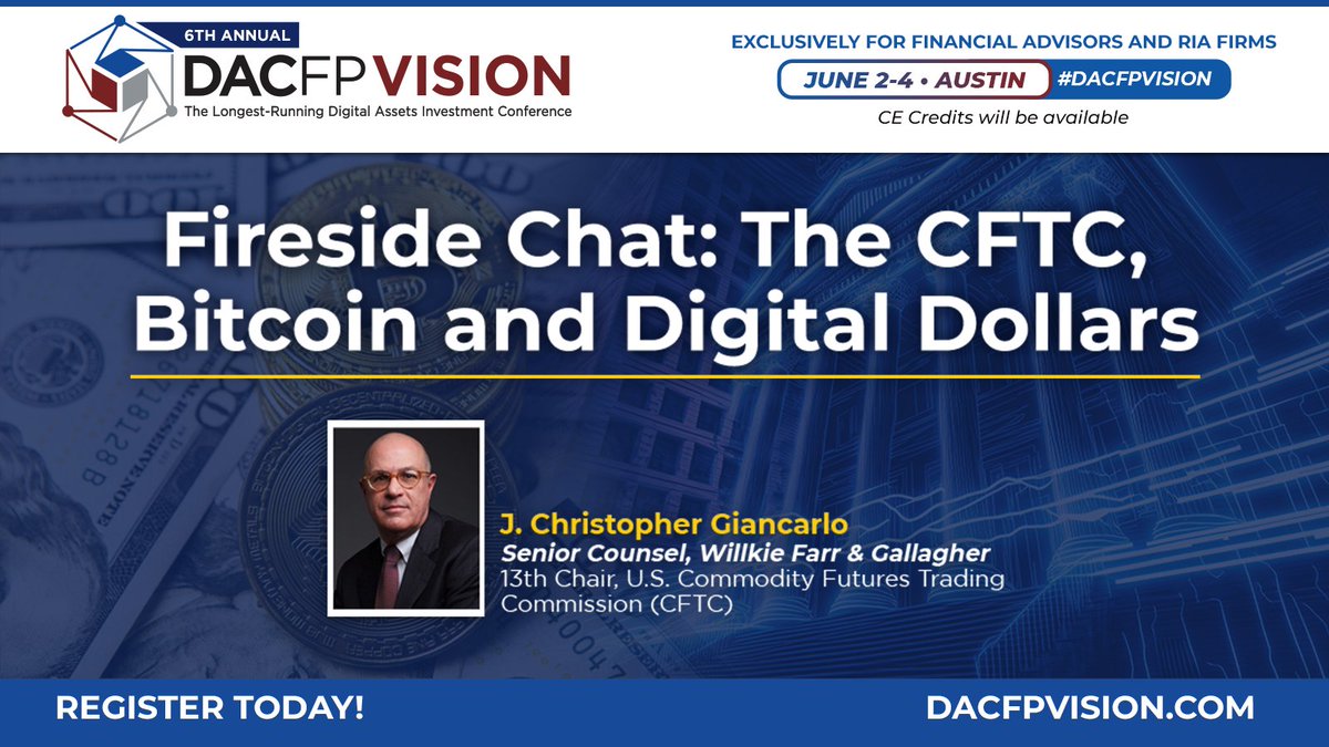 Join @ricedelman and @giancarloMKTS (aka CryptoDad) at #DACFPVISION as they explore Bitcoin Futures, the Digital Dollar Project, and more. A deep dive into digital finance with a leading expert! Register now: bit.ly/dacfpvision24 #CryptoDad #DigitalDollar