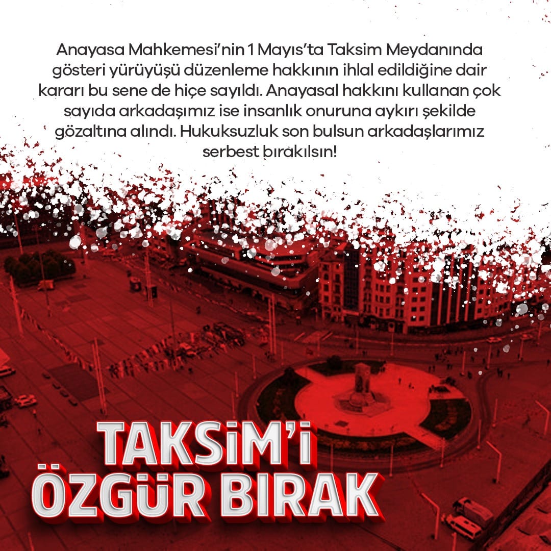 Anayasal hakkını kullanarak 1 Mayıs'ta Taksim Meydanı'na yürümek için direnen 35 kişi işkenceyle gözaltına alındı, 4 gündür gözaltındalar. 47 kişi ise bu sabah ev baskınlarıyla hukuksuz şekilde gözaltına alındı. Taksim gözaltıları derhal serbest bırakılsın! #TaksimiÖzgürBırak