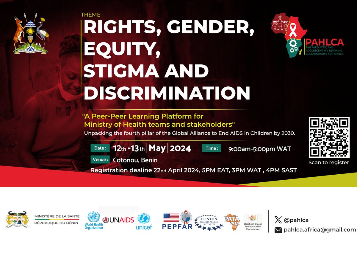 Join us in Cotonou, Benin, for the 6th PAHLCA Meeting, and dive into critical discussions on rights, gender, equity, stigma, and discrimination. 📅 12 - 13 May, 2024 🗺️ Cotonou, Benin 🔗 forms.gle/A8bEfMbx7PbQpb… #PAHLCA2024 @pahlca #PAHLCA2024 @UNAIDS @UNICEF @PEPFAR @EGPAF
