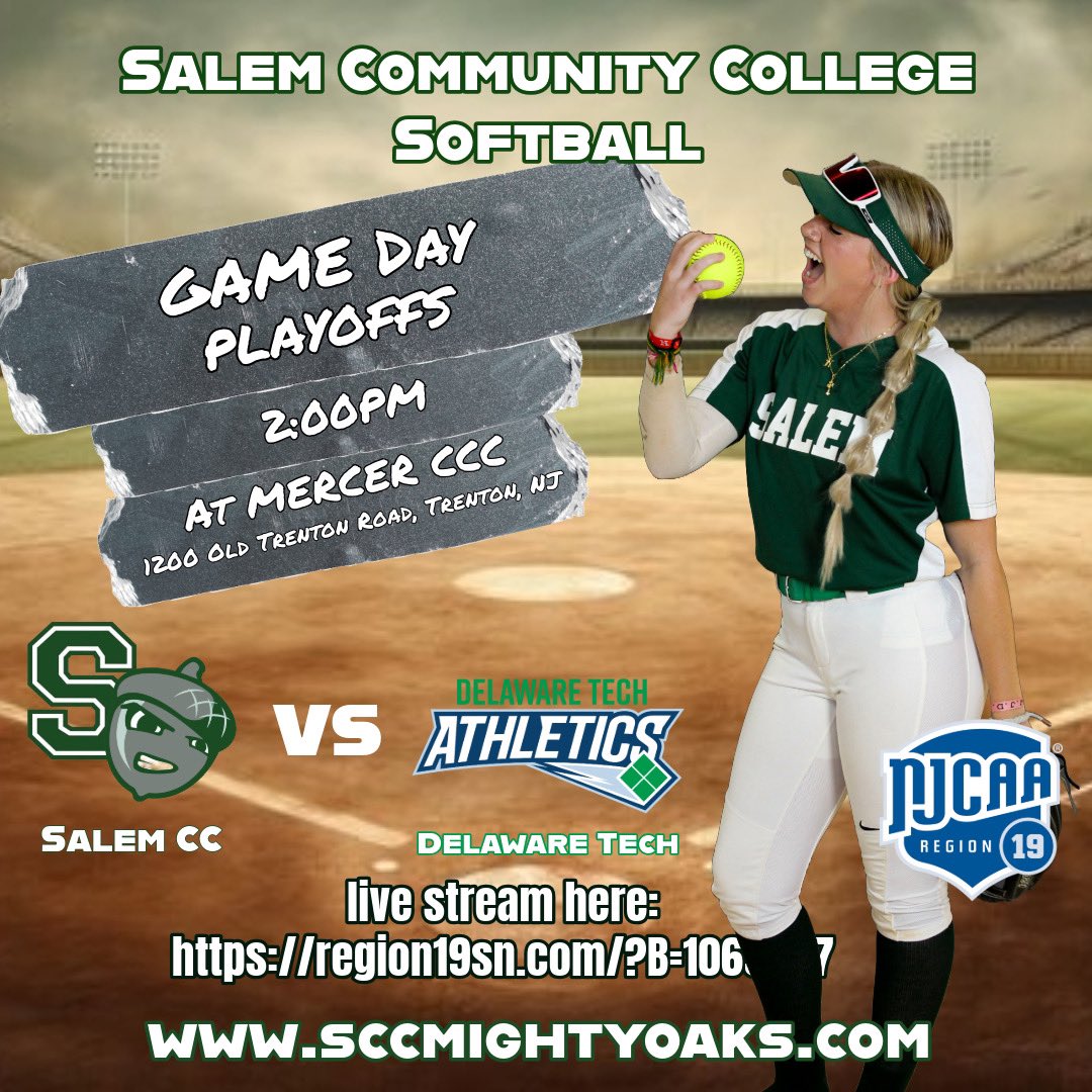 🚨 SOFTBALL PLAYOFFS!!🥎🥎🥎🥎🥎🥎🥎🥎🥎🥎🥎🥎🥎
🆚:  Delaware Tech. CC
⏰:  2:00PM
📍:  At Mercer CC
          1200 Old Trenton Rd.
          Trenton, NJ
💻:  Stream Link: region19sn.com/?B=1069737