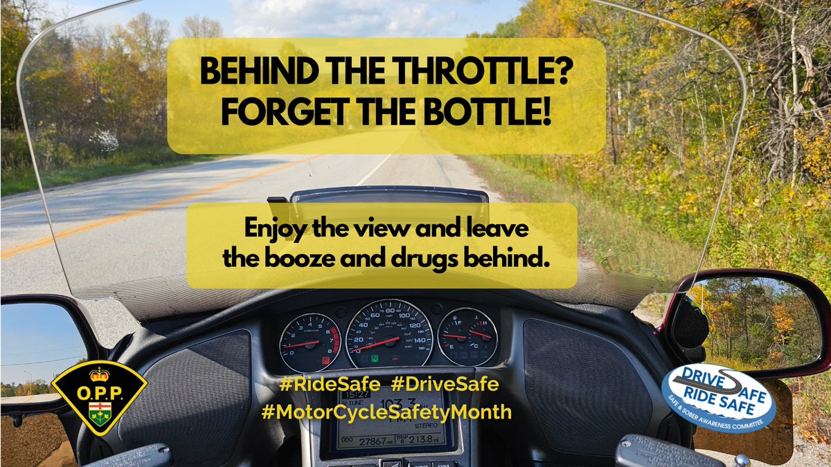 #MotorcycleSafetyAwarenessMonth means exactly that- Safety - Leave the Booze and drugs behind, proper equipment, ride to be seen. A msg from #SGBOPP and our safety partner the Safe and Sober Awareness Committee of North Simcoe. #Givethemspacekeepthemsafe #NeverDriveImpaired ^dh