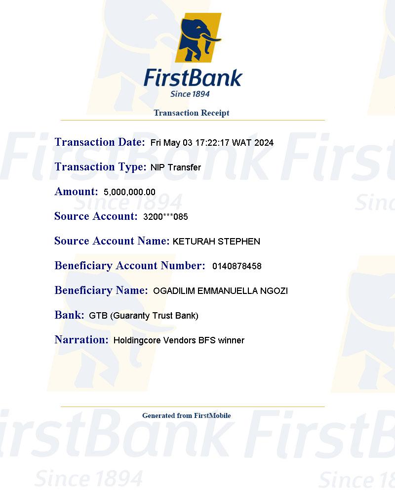 APRIL VENDORS BFS!!! Congratulations Mrs. Emmanuella (@DrealOmalicha) our wonderful Winner in the Business Finance Support for Vendors program April Edition!!! Here's a receipt of 5,000,000 Naira to you from Holdingcore NGO Foundation.