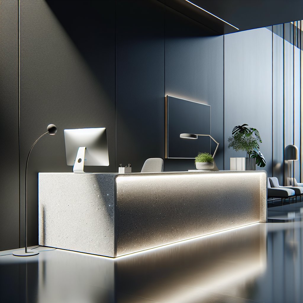 Welcome your clients with our Quartz Receptionist Desk's sleek sophistication. Trust Countertops & More for first-impression finesse! #ModernOffice #FirstImpressions 🏢🖥️✨