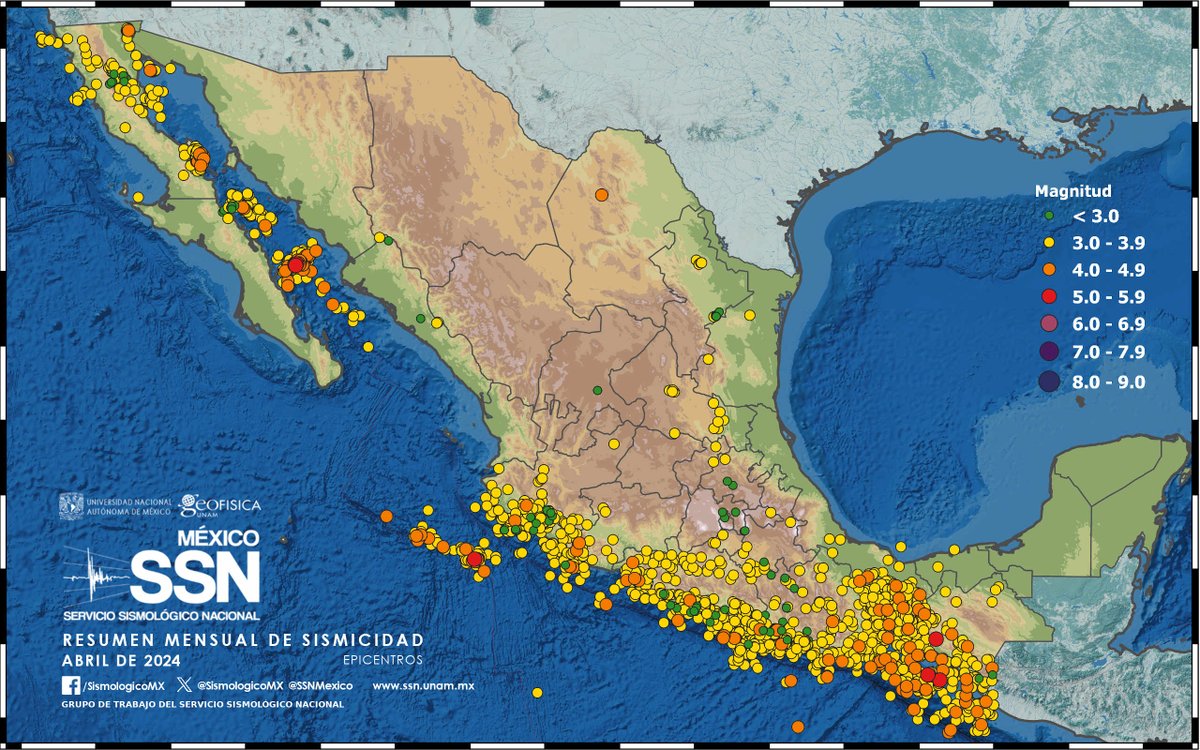 Resumen mensual de sismicidad abril de 2024: • 2252 sismos con magnitud desde 1.0 a 5.6. • El sismo más grande, de magnitud 5.6, ocurrió el día 18 de abril a las 9:12 y fue localizado en el mar de Cortés a 70 km al este de Loreto, Baja California Sur. • En la misma región…