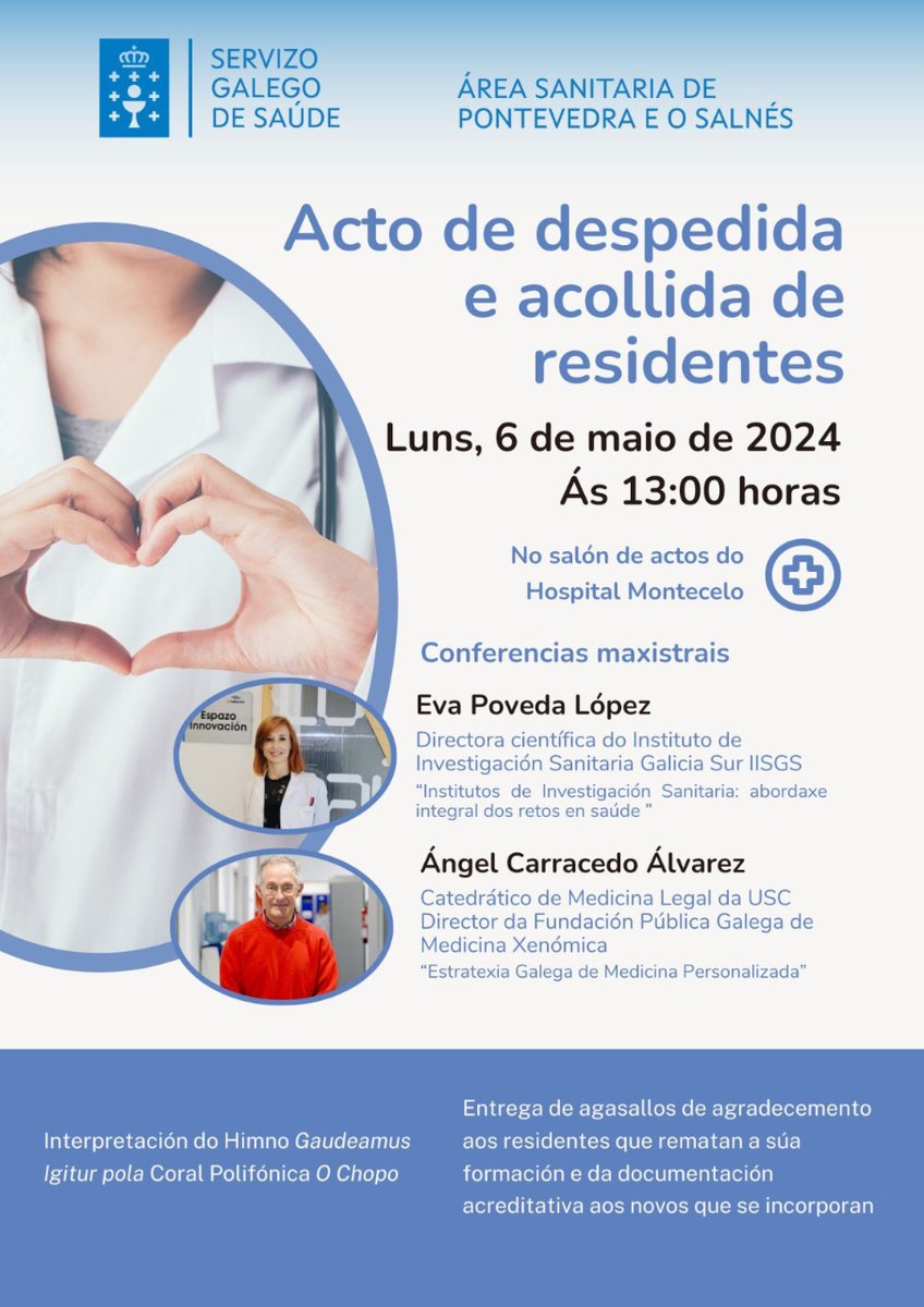 Eva Poveda, directora Científica del @IISGaliciaSur, participará en el acto de despedida y acogida de residentes del Área Sanitaria de Pontevedra 📆 Lunes, 6/05/2024 🕐 13;00 h. 🏥 Salón de Actos Hospital Montecelo (Pontevedra) @SanidadeXunta @ACIS_sergas @_regic