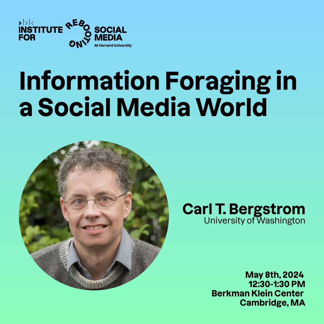 RSM wraps up its Spring Speaker Series on May 8 with @CT_Bergstrom (@UW) to discuss how social media has impacted human communication and mechanisms for creating collective understanding. RSVP here: rebootingsocialmedia.org/events/informa…