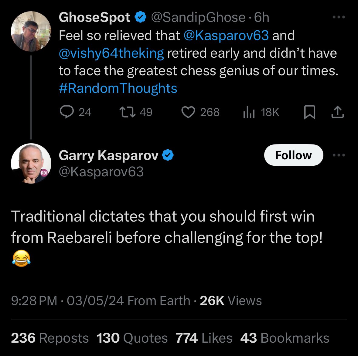 Garry, World Chess Champion brutally roasts Rahul Gandhi, India’s experienced player of politics and chess 🤣😂