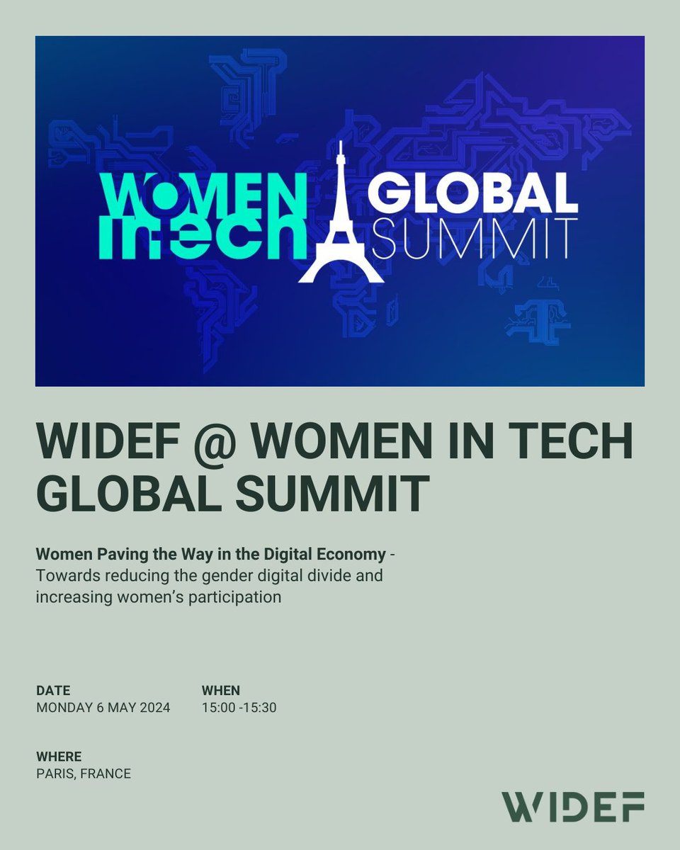 NEXT WEEK: @SoniaJorgeICT4D will be in Paris to talk about @WiDEFglobal at the @WomenInTechOrg Global Summit, together with Lauren Grubbs @USAID, @Cam_Tellez @BetterThan_Cash, Florence Gaudry Perkins @DigHealthPartn, and Isabelle Mauro @GSOA_SAT. gdip.ngo/4b1GkUQ