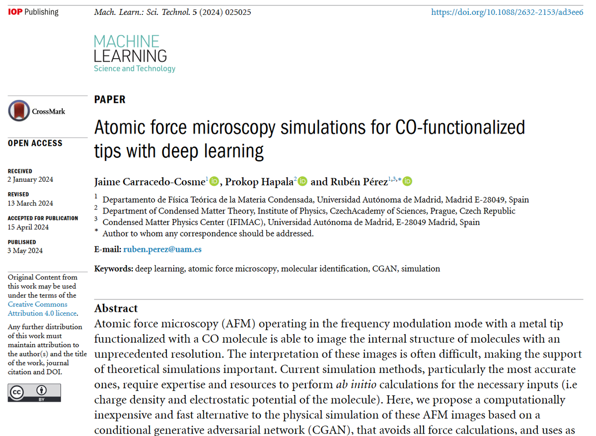 Great new work by J Carracedo-Cosme, P Hapala and R Pérez @CienciasUAM @ifimacuam @spmtheory @FZU_AVCR @nanosurflab-'Atomic force #microscopy simulations for CO-functionalized tips with #deeplearning'-iopscience.iop.org/article/10.108… #machinelearning #AFM #materials #nanoscience #compchem