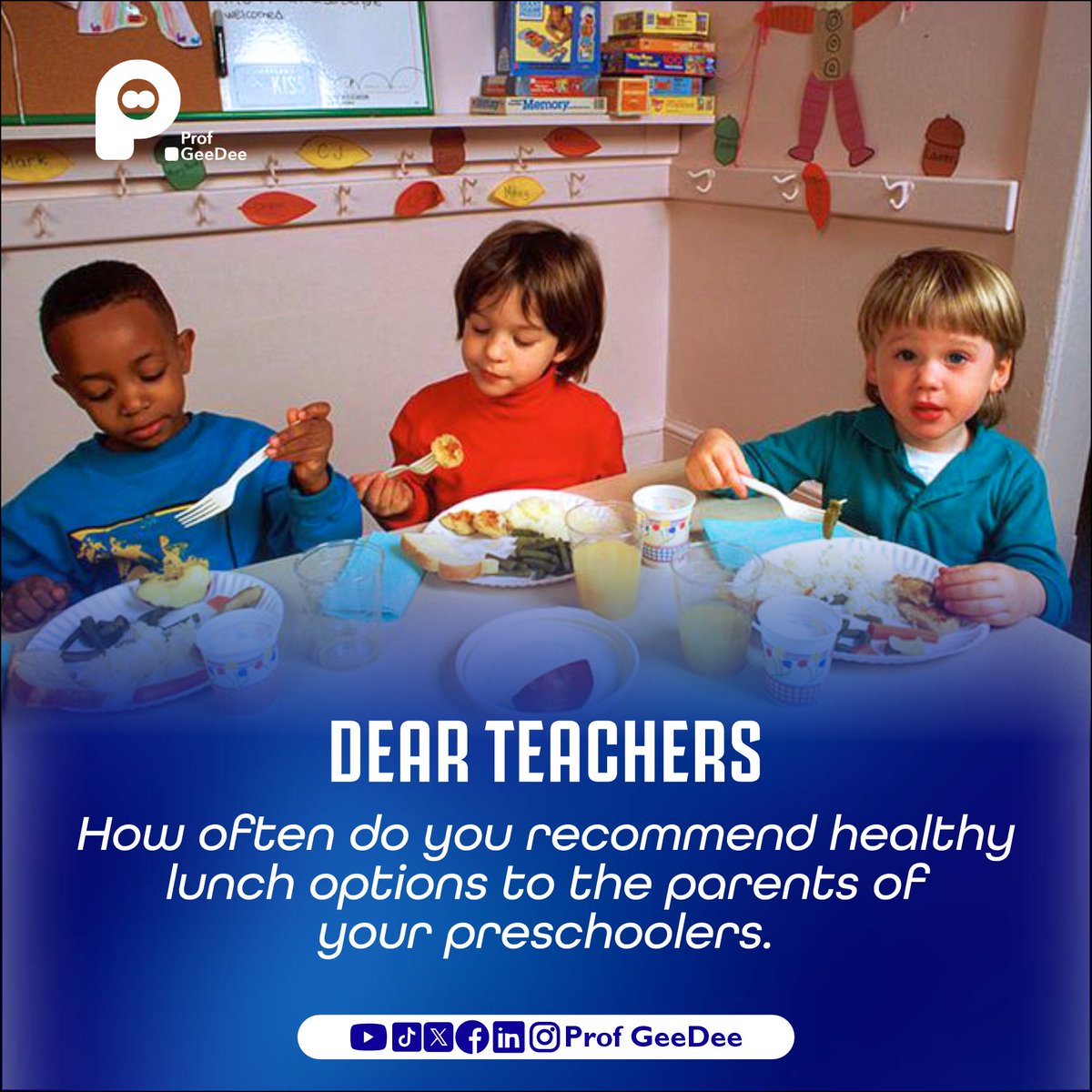 Teachers can recommend healthy lunch options to parents of preschoolers when necessary.

Healthy eating for their children can improve in their growth and development .

#earlyyears
#earlylearning
#earlychildhoodeducation
#dearteachersseries
#profgeedee