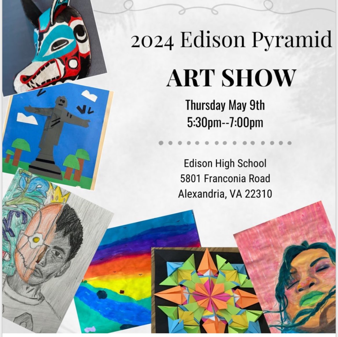 MTMPrincipal (@mtmprincipal) on Twitter photo Next Thursday evening is the annual Edison Pyramid Art Show! Come out & check out the amazing art created by future, current & former π
π§βπ¨! β¦<a href="/EdisonHSEagles/">Thomas A. Edison HS</a>β© β¦<a href="/FCPSR3/">FCPS Region 3</a>β© Next Thursday evening is the annual Edison Pyramid Art Show! Come out & check out the amazing art created by future, current & former π
π§βπ¨! β¦<a href="/EdisonHSEagles/">Thomas A. Edison HS</a>β© β¦<a href="/FCPSR3/">FCPS Region 3</a>β©