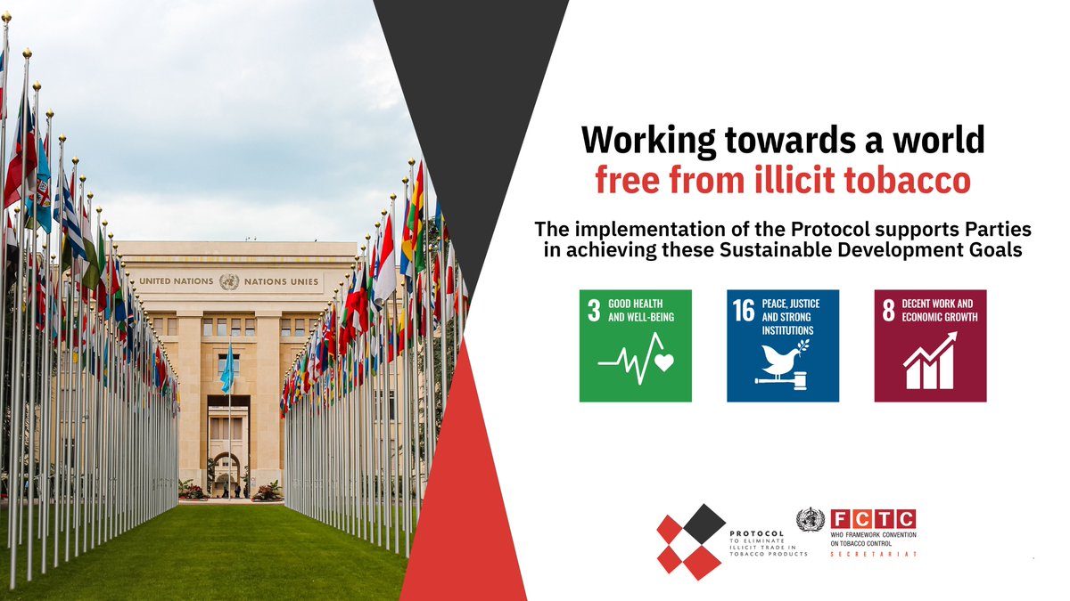 The implementation of the Protocol to Eliminate Illicit Trade in Tobacco Products supports Parties in achieving these #SDGs:

#SDG3 ⚕️
#SDG16🕊️
#SDG8 📈

fctc.who.int/protocol/overv…

#IllicitTobaccoProtocol
#FCTCSavesLives

Working towards a world free from illicit tobacco