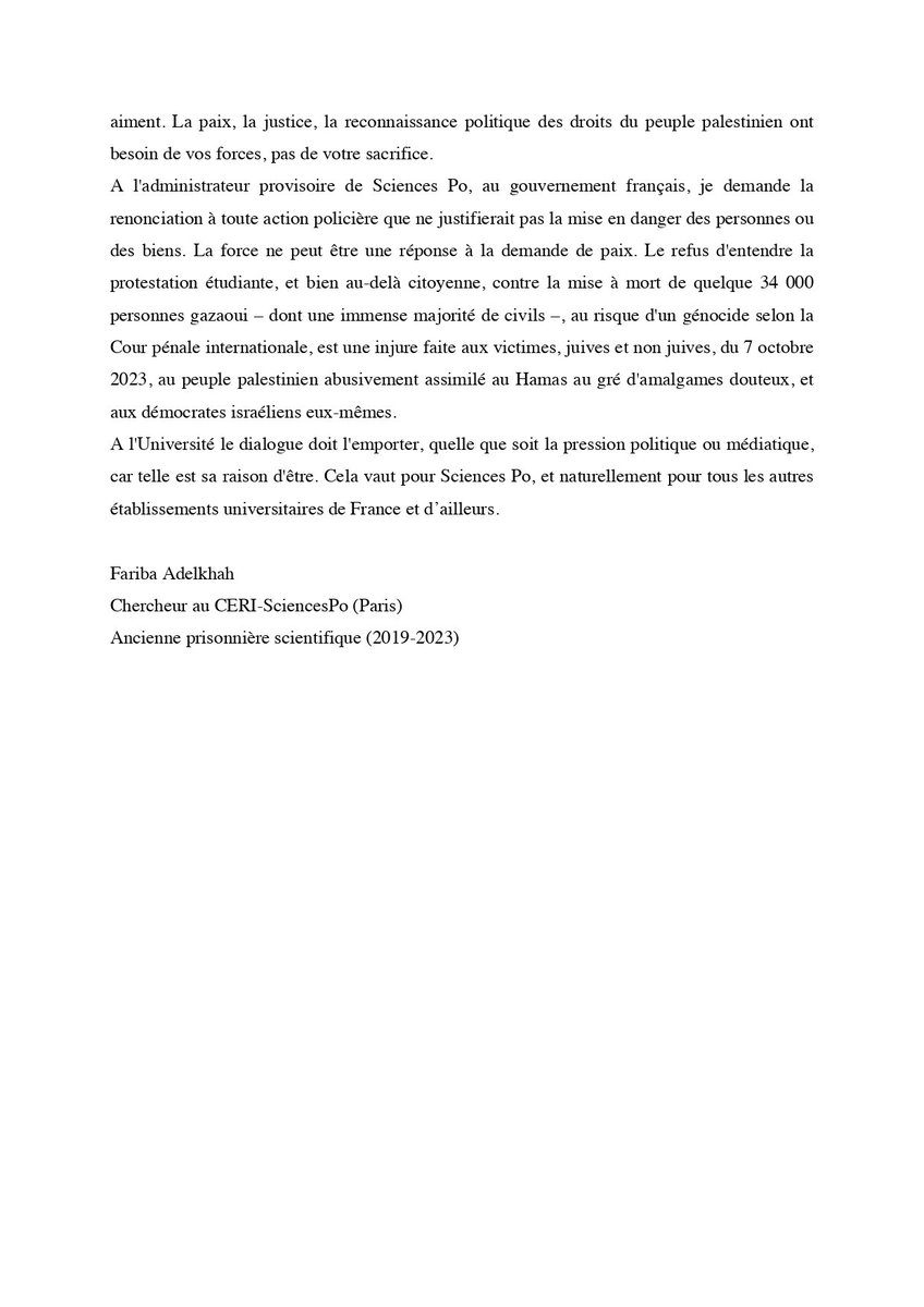 « Votre combat est le mien. Parce que vous revendiquez la liberté de pensée, d'expression et d'engagement en faveur de la paix et du droit international. » 🕊 Fariba Adelkhah, chercheuse et ex-prisonnière en Iran soutient les étudiant•es mobilisé•es à #SciencesPo et ailleurs !