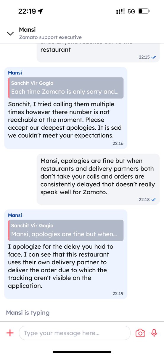 What a sham @zomato is now. A far cry from the excellent customer service standards it once boasted about. 

I called the restaurant and they answered my call. And the chat support agent said both the restaurant and the delivery partner won’t take her calls!

Seriously…