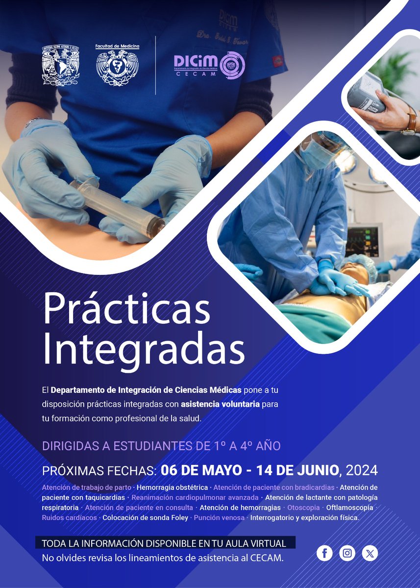 ¿Eres estudiante de 1º a 4º año de la Licenciatura de Médico Cirujano? 🩺🤓 Del 6 de mayo al 14 de junio tendremos prácticas integradas de asistencia voluntaria. Consulta toda la información en tu aula virtual. @DICiM_UNAM