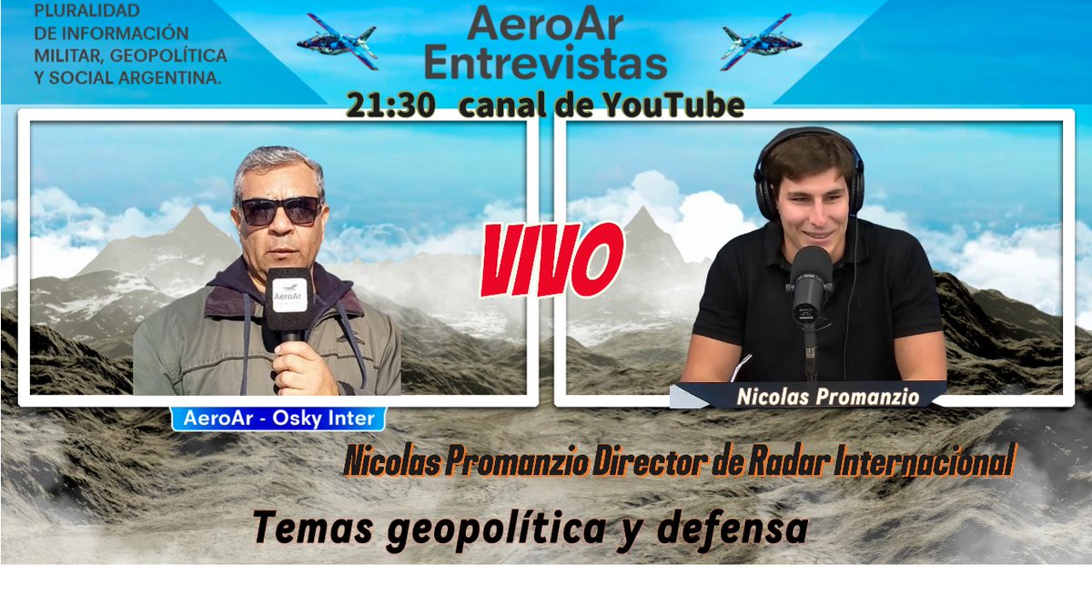 Esta noche 21:30, AeroAr CLUB, tu cita de los viernes.
Entrevista a Nicolás Promanzio, ( Neura ), temas Geopolítica y defensa.
Te espero !!
#Defensa #FFAA #FuerzasArmadas #TecnologíaDefensa #Tecnología #Militar #Argentina #AeroAr #AeroArDefensa #defensa #aeroar  #Military