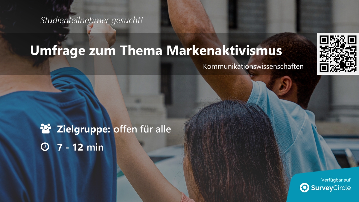 Teilnehmer für Online-Studie gesucht!

Thema: 'Umfrage zum Thema Markenaktivismus' surveycircle.com/KRW3CW/ via @SurveyCircle #univienna

#nachhaltigkeit #konsumentenverhalten #werbung #authentizität #UniversitätWien