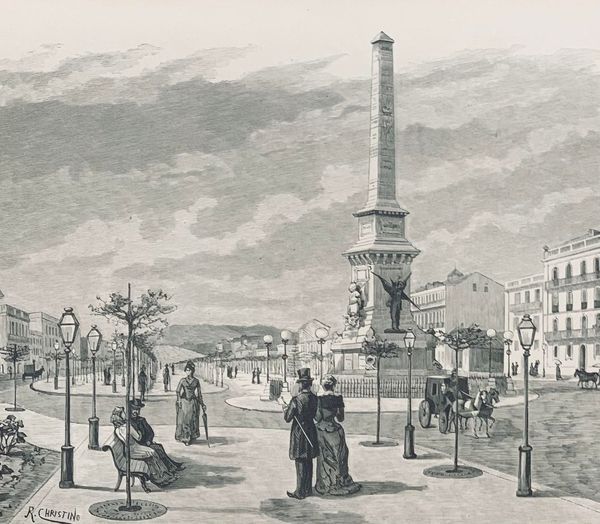 Assim passeavam os lisboetas no século XIX. O Monumento aos Restauradores da Independência de #Portugal, na Praça dos Restauradores em Lisboa, foi inaugurado em 1886. Desenho por J. Christino, Revista “O Occidente“, 1 de Maio de 1886 #Lisboa